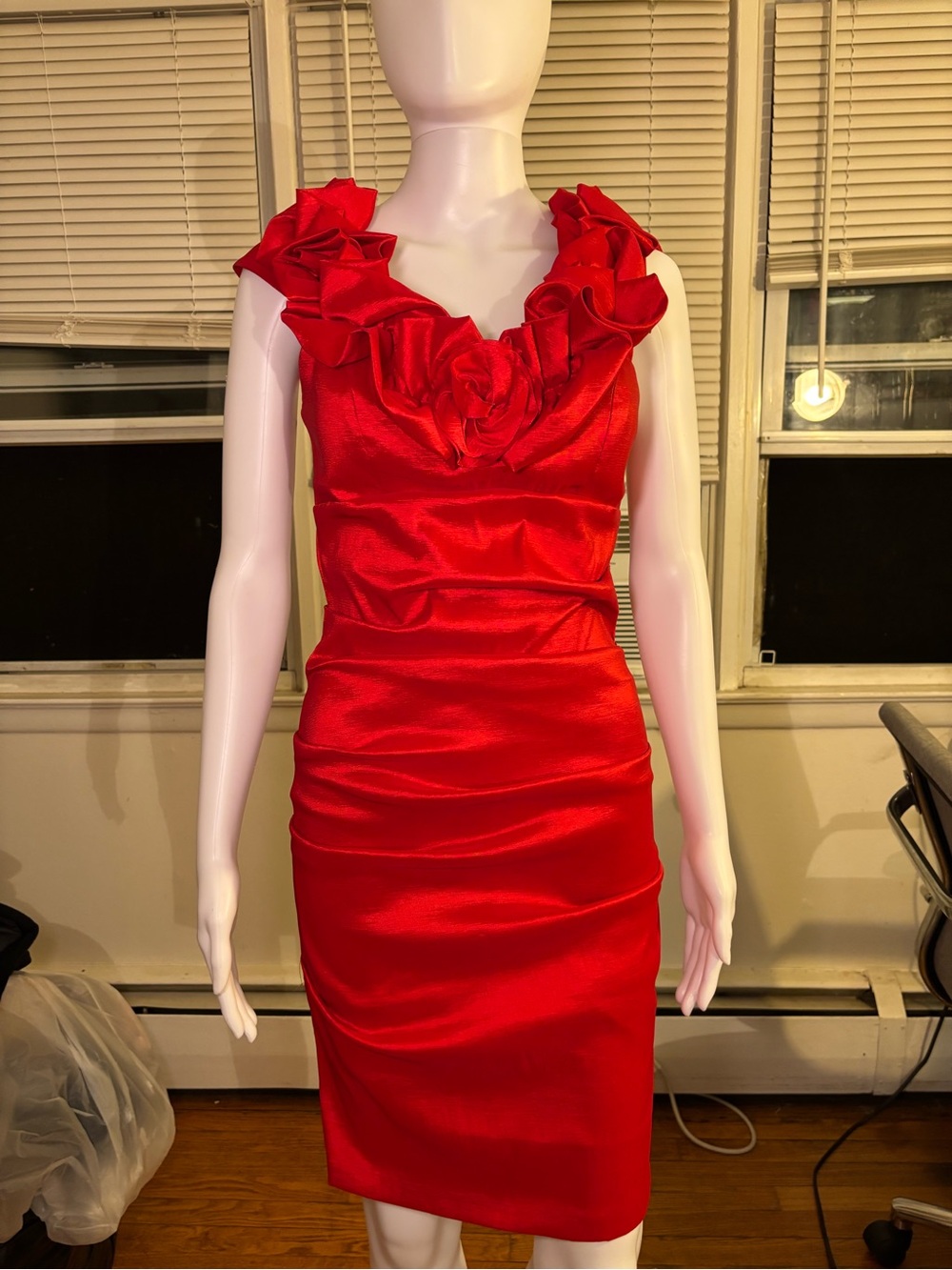 Red Satin Midi Dress with Ruffled V-Neck